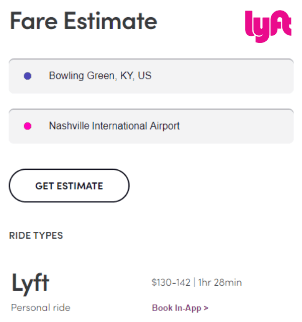 Lyft Bowling Green to Nashville Airport Rate