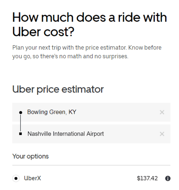 Uber Bowling Green to Nashville Tenessee Rate