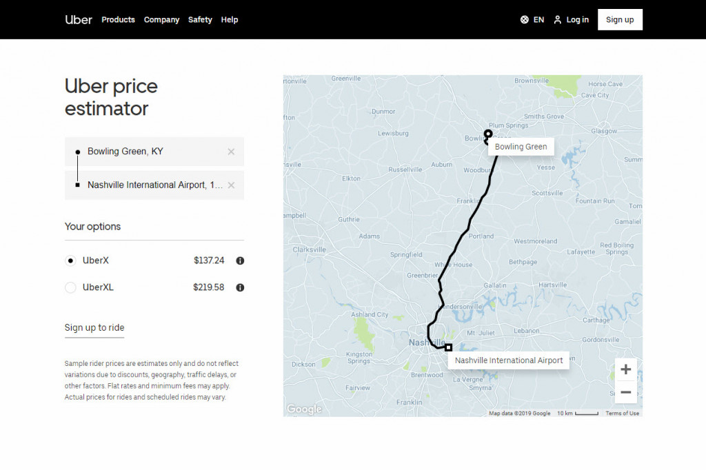 Uber Bowling Green to Nashville Airport Price Estimates