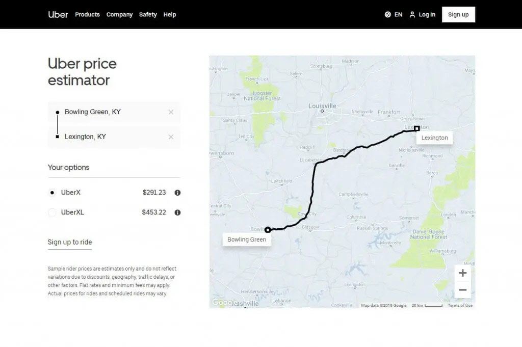 Uber Bowling Green to Lexington Kentucky Fare Estimates