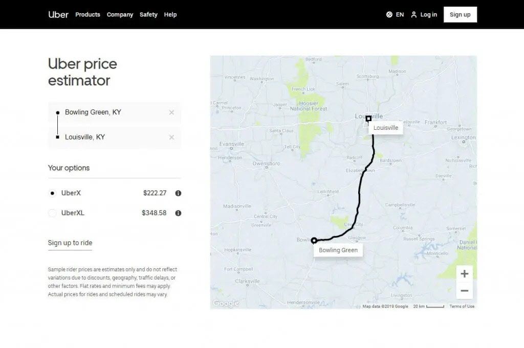 Uber Bowling Green to Louisville Kentucky Fare Estimates